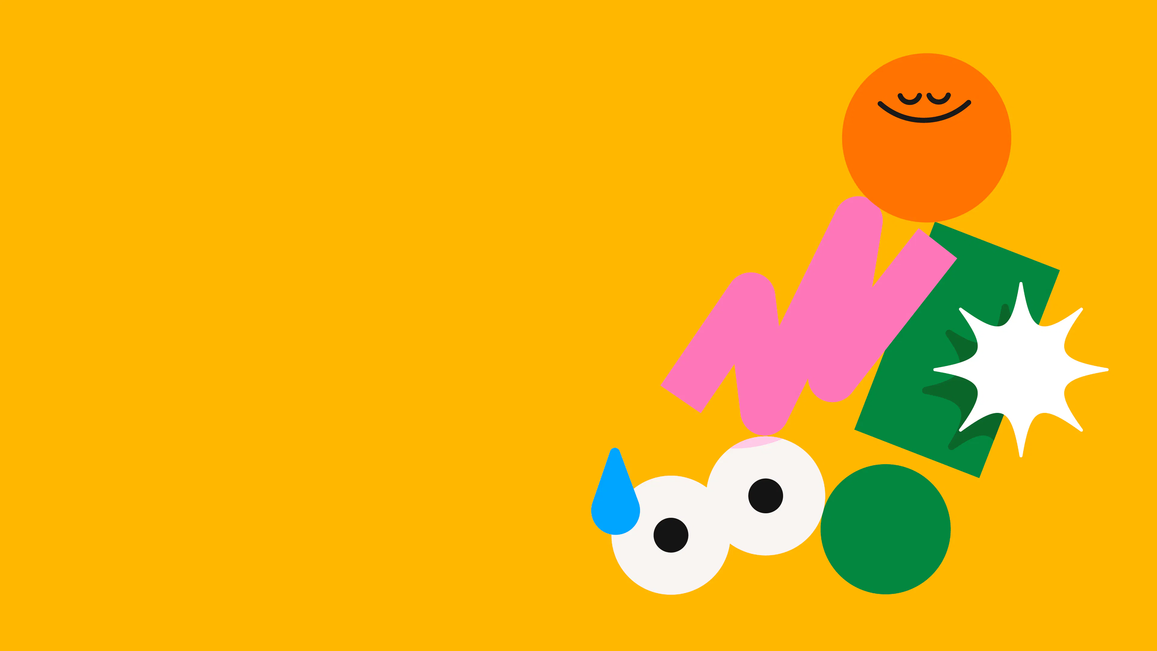 Smiling orange circle character balancing on colorful abstract shapes and wide eyes on a yellow background.