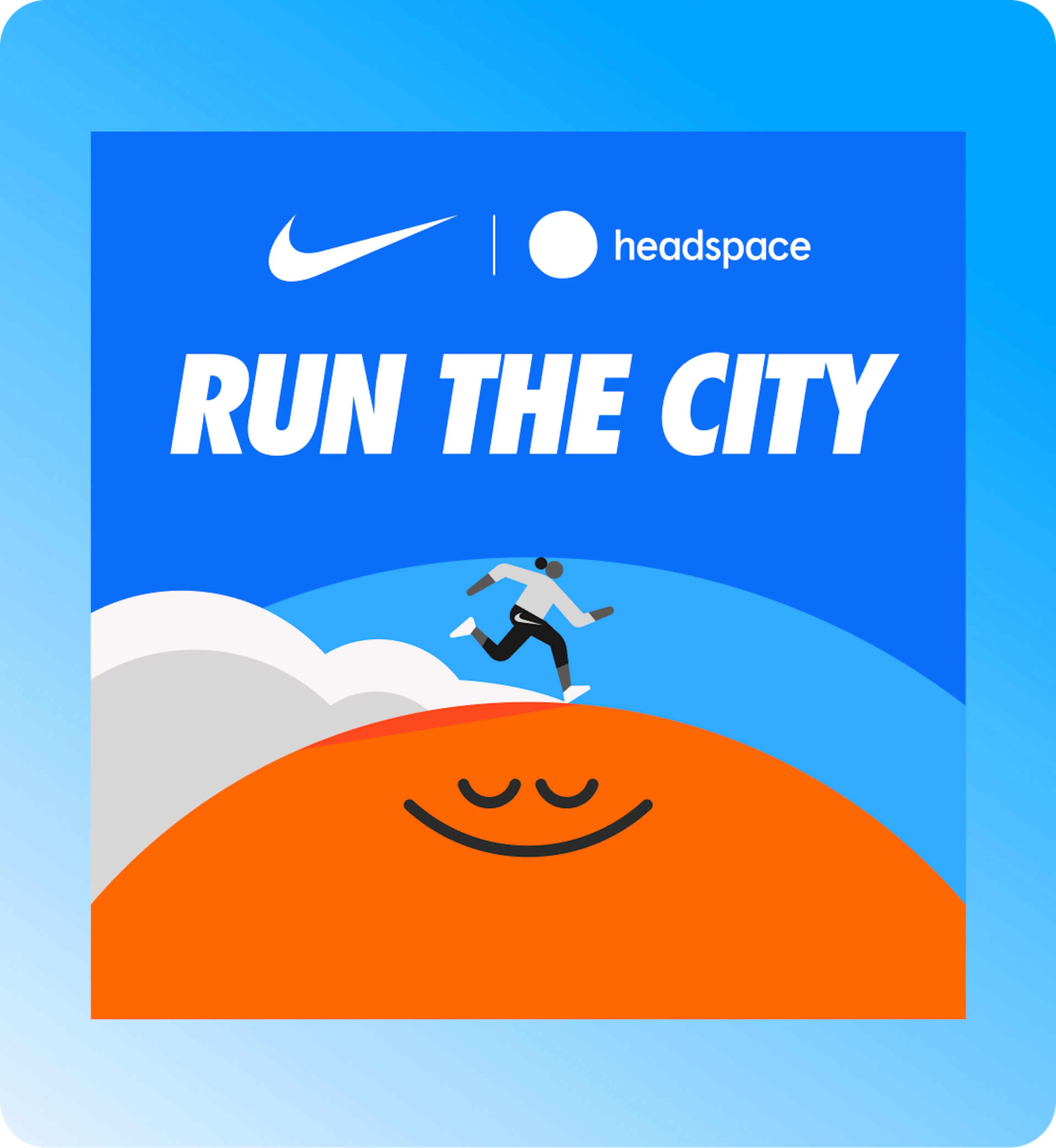 Nike and Headspace logos and a runner running against an orange smiling shape and blue sky background