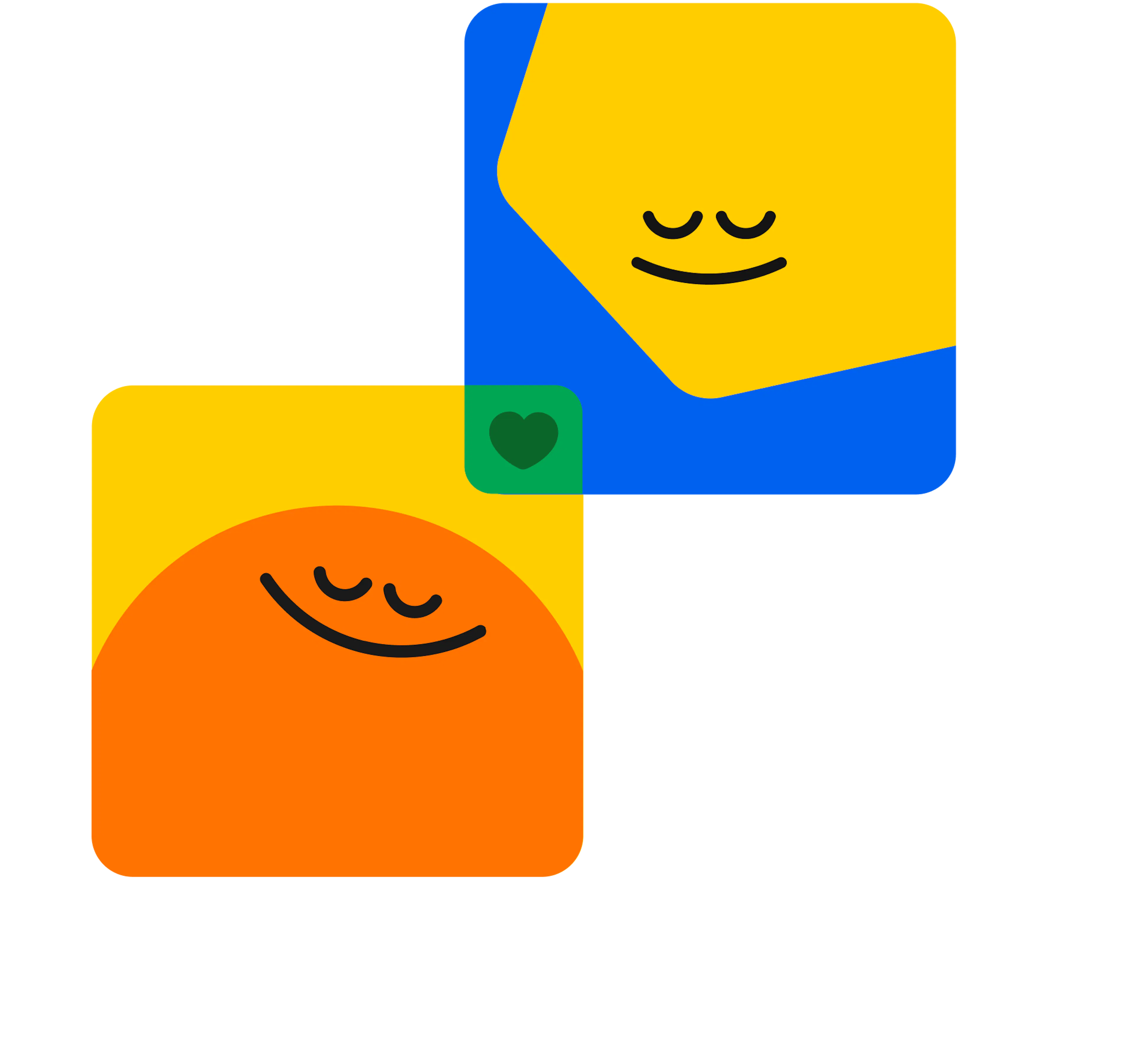 Two smiling squares with cheerful expressions and a heart between them, symbolizing partnership