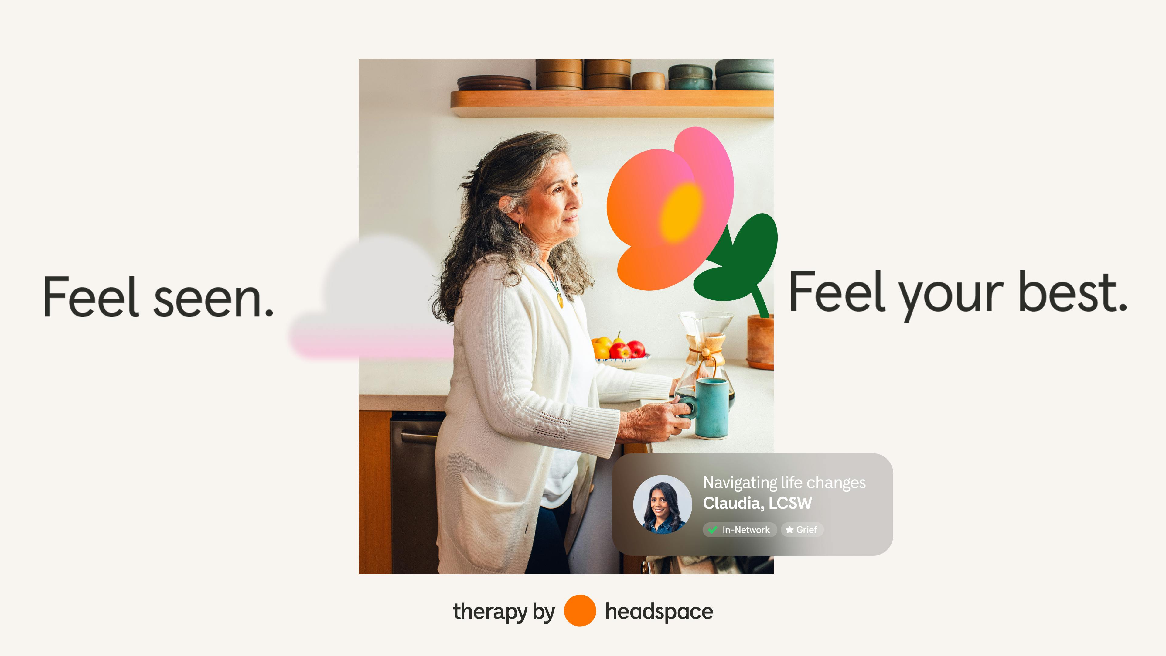 Woman with coffee mug and flower and Headspace therapy