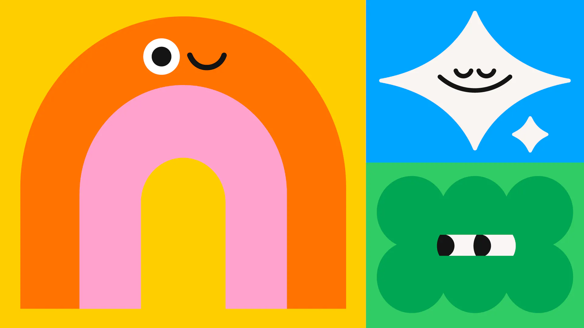 Playful arch character, a calm smiling white star, and a green cloud-like character with wide eyes on a grid of yellow, blue, and green.