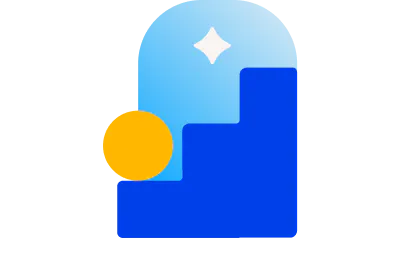 Blue steps leading up toward a white star, next to a yellow circle.
