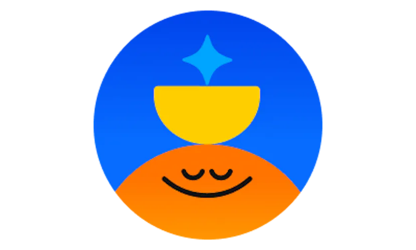 A smiling orange face icon beneath a yellow crescent shape on a blue circular background.