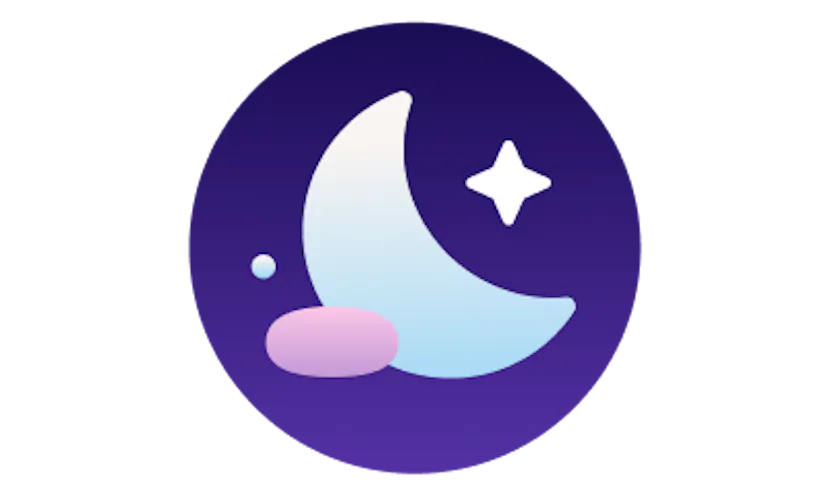A crescent moon and star on a dark purple circular background.
