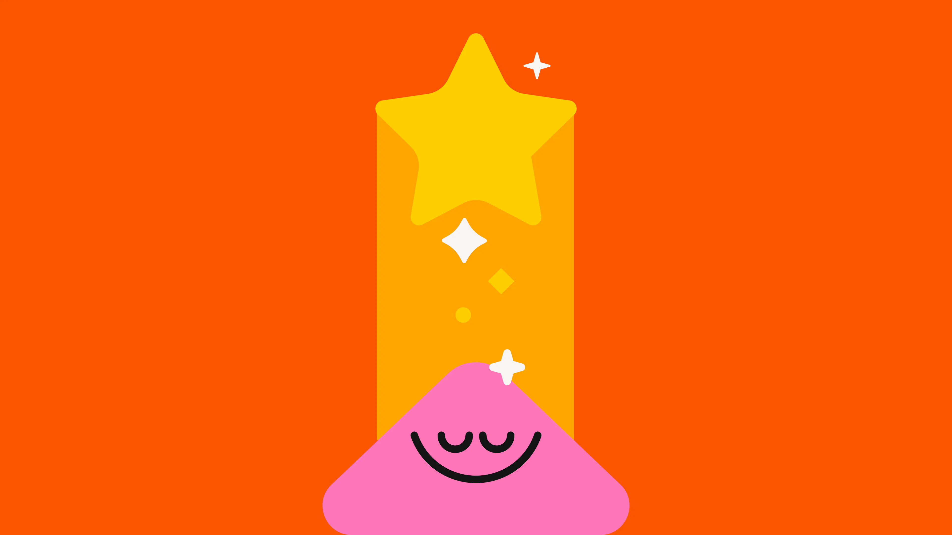 Calm smiling pink character with a rising yellow star on an orange background.