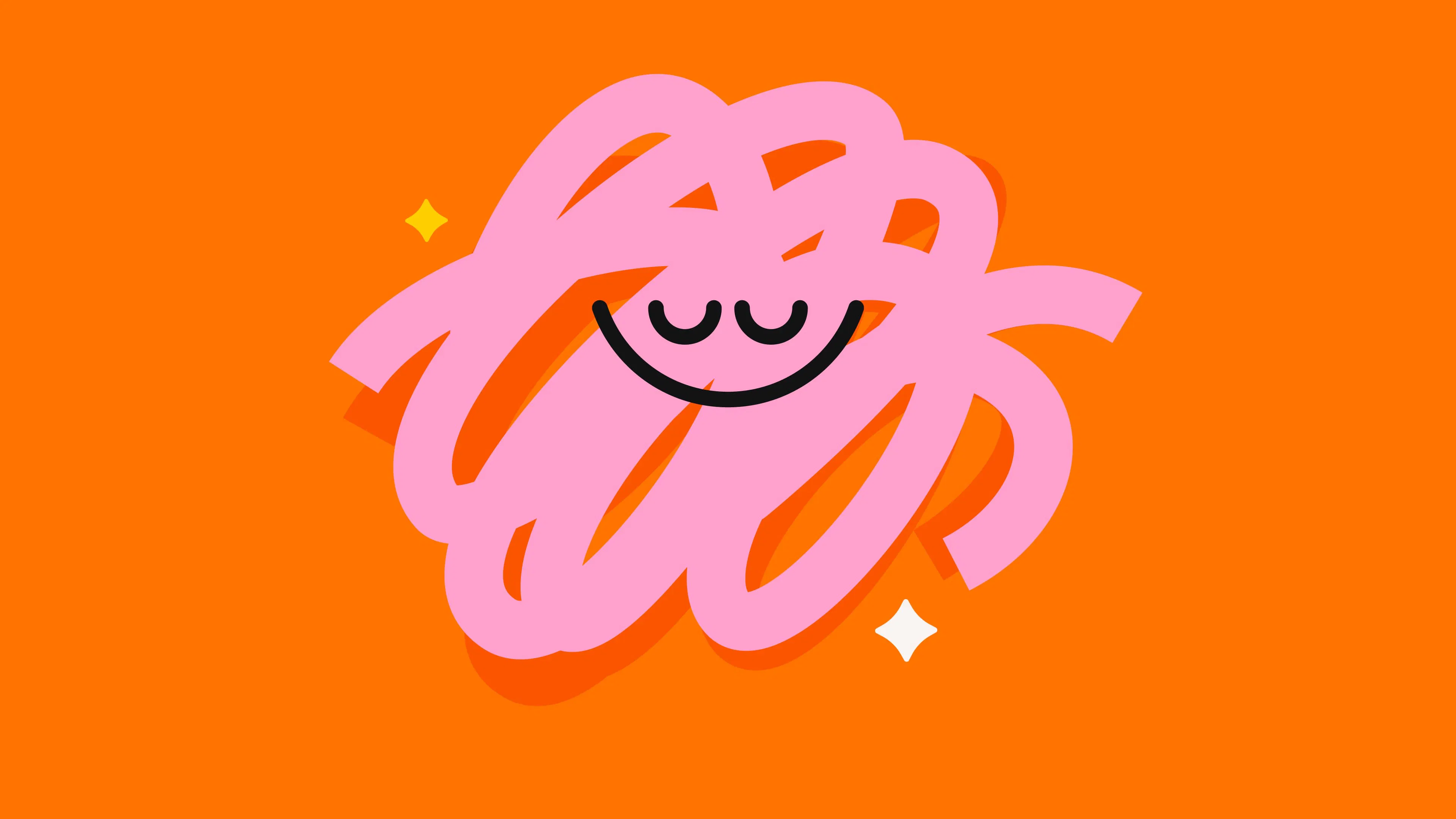 A smiling face icon in the center of a pink scribble on an orange background.