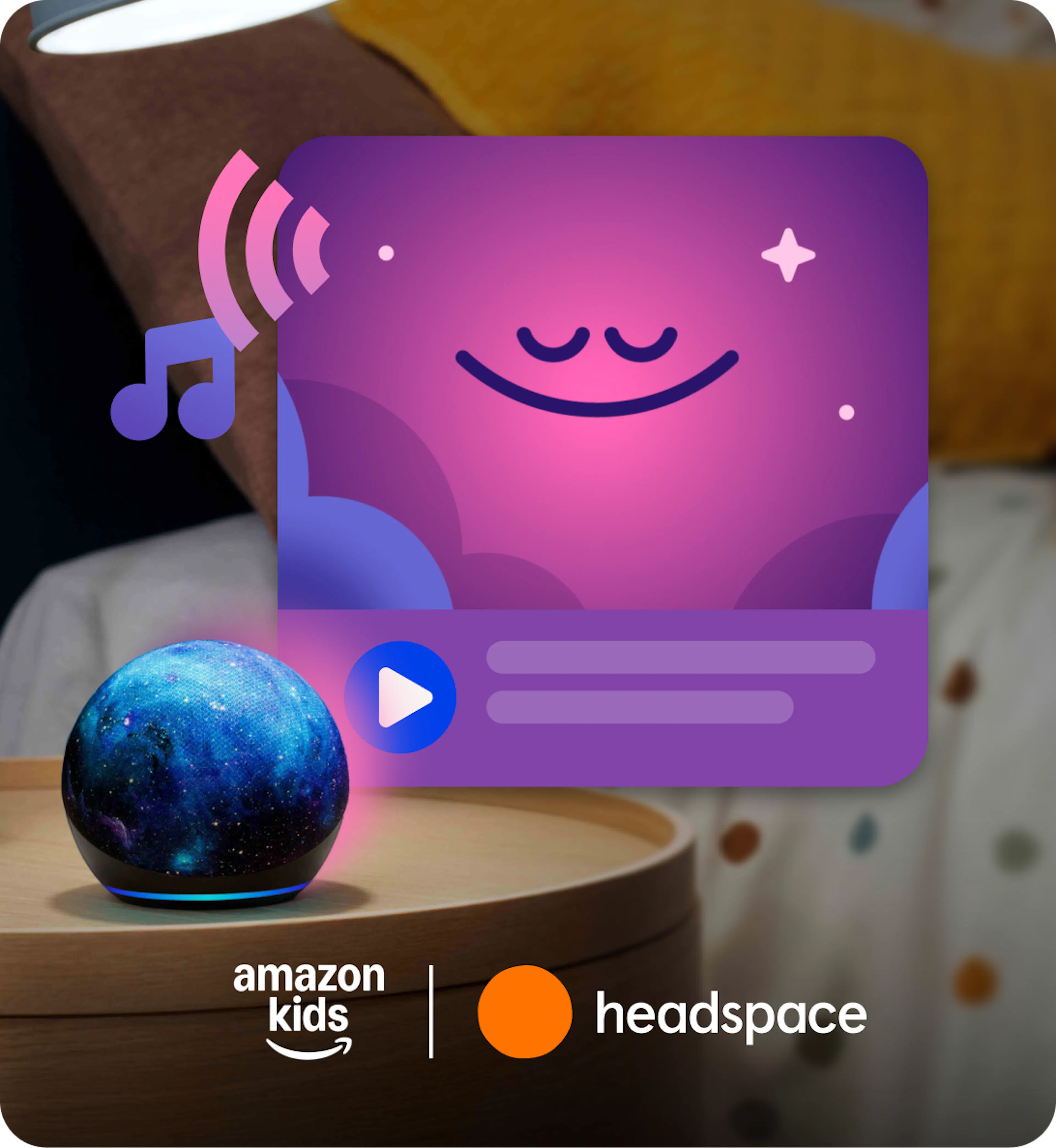 A colorful Amazon Kids interface showcasing Headspace features for mindfulness and meditation activities