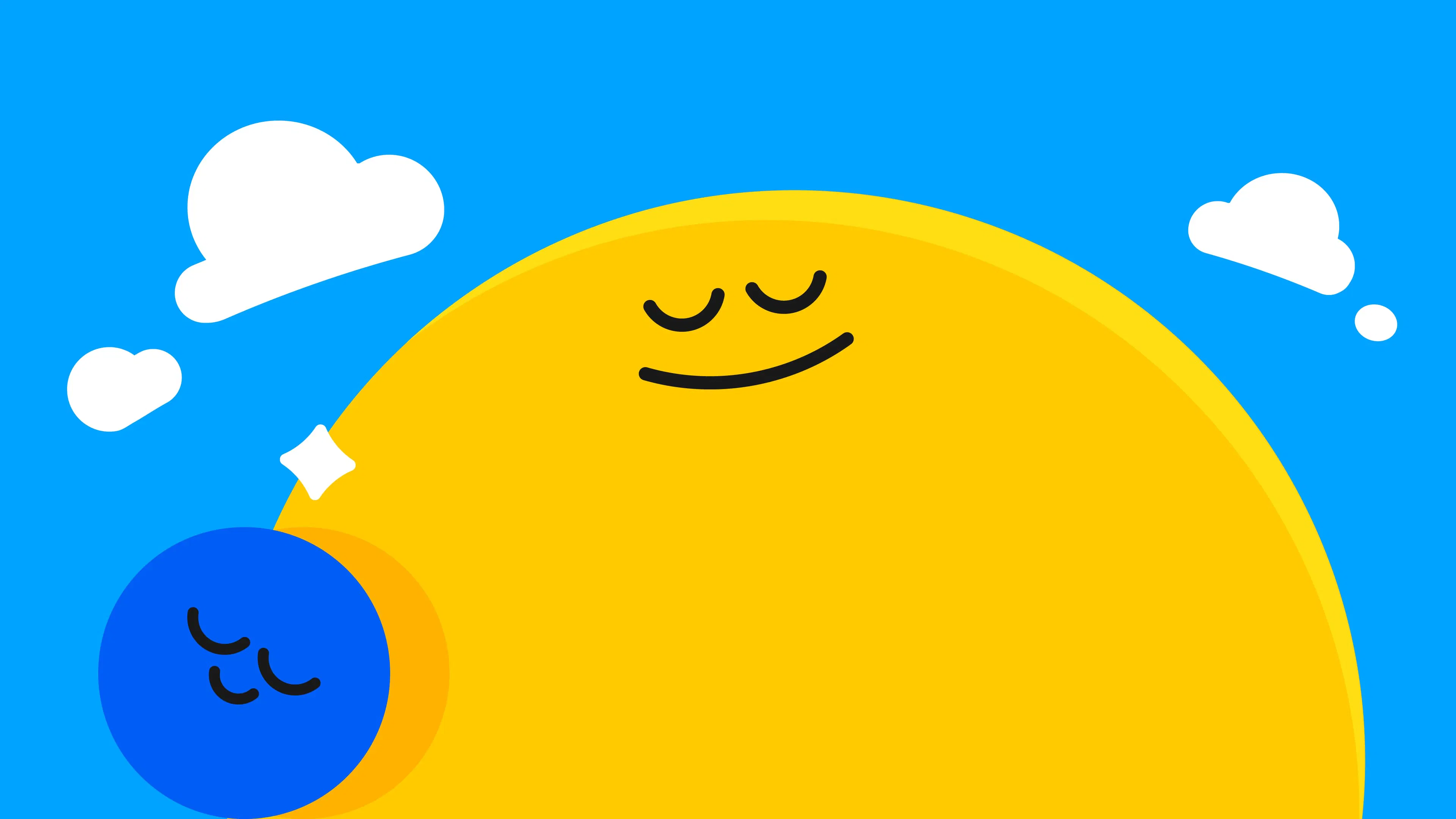 Calm smiling yellow character next to a smaller blue character with white clouds on a blue background.