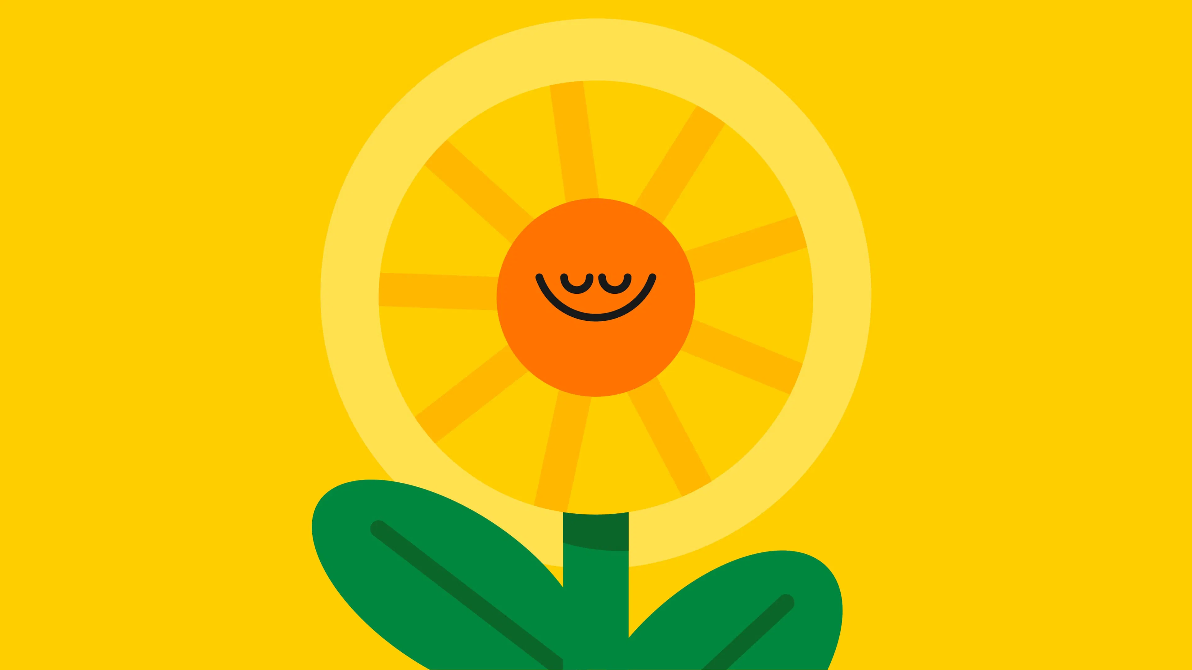 Calm smiling yellow character next to a smaller blue character with white clouds on a blue background.