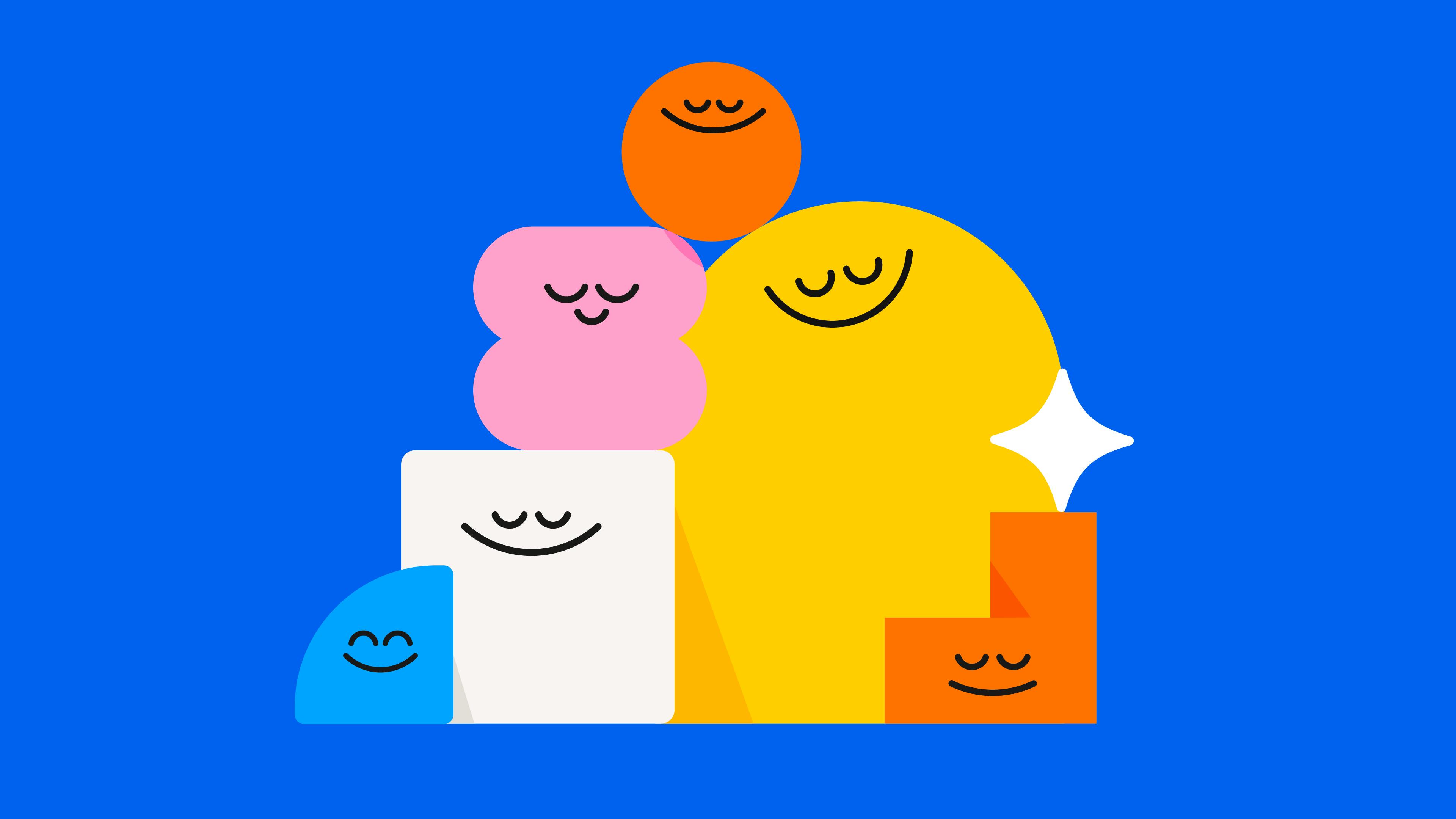 Smiling group of shapes with blue background
